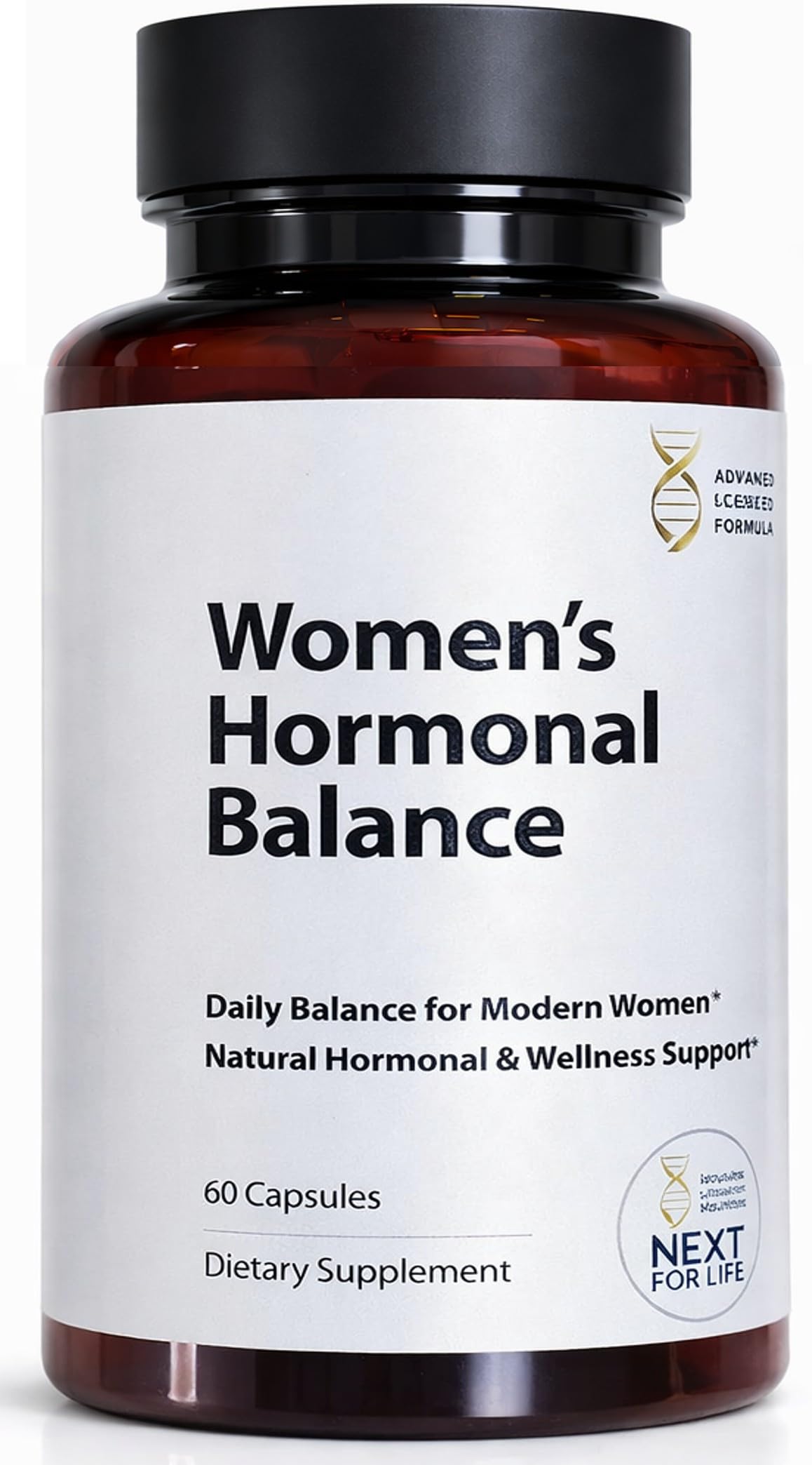 Supplement bottle labeled 'Women's Hormonal Balance' on a white background