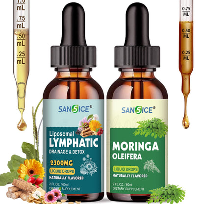 Two bottles of Sansice liquid supplements with droppers on a white background