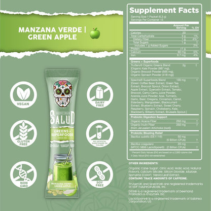 Salud 2-Pack | 2-in-1 Greens Powder + Superfood Drink Mix Packets, Green Apple & Peach Mango, 15 Servings Each, 20+ Fruits and Veggies, Supports Digestive Health, Bloating Relief