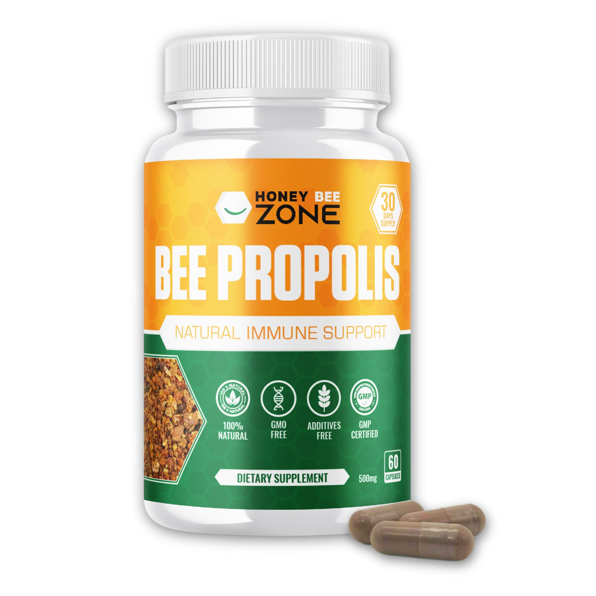 Bottle of Honey Bee Zone Bee Propolis dietary supplement on a white background