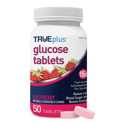 TRUEplus Glucose Tablets, Grape, Raspberry, Orange Flavors, 50 Count | Chewable Tablets, 15g Fast-Acting Carbohydrates, Fat Free, Gluten Free, Boosts Energy, Great Tasting and Easy to Use