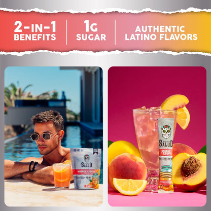 Salud 2-Pack |2-in-1 Energy + Focus (Peach Lemonade) & Hydration + Immunity (Cucumber Lime) – 15 Servings Each, Agua Fresca Drink Mix, Non-GMO, Gluten Free, Vegan, Low Calorie, 1g of Sugar