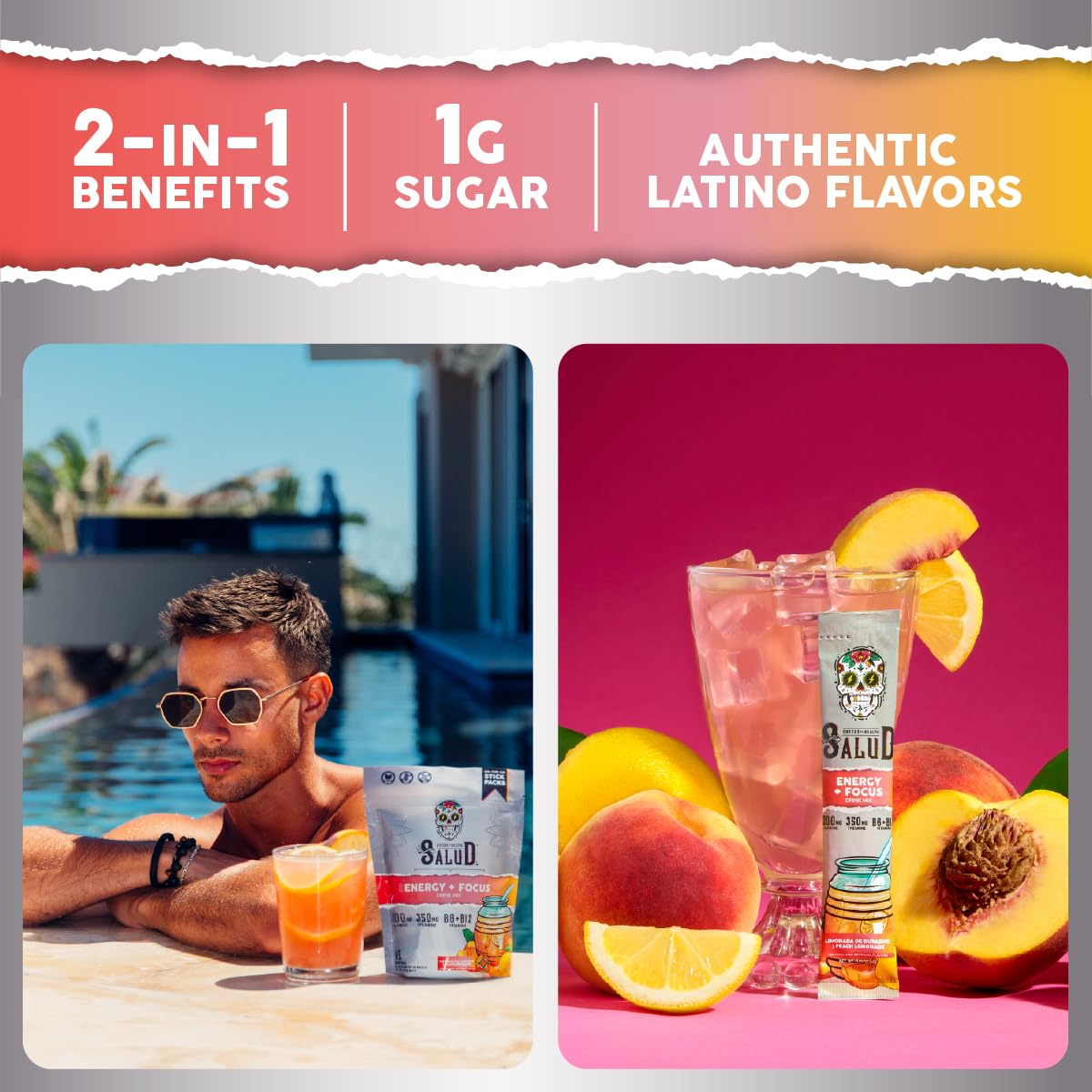 Salud 2-in-1 Energy + Focus Drink Mix, Hibiscus | Organic Caffeine, B6 + B12, Theanine, Clean Energy Packets, Agua Fresca Mix, Non-GMO, Gluten Free, 1g of Sugar (15 Servings)
