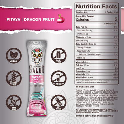 Salud 2-in-1 Energy + Focus Drink Mix, Hibiscus | Organic Caffeine, B6 + B12, Theanine, Clean Energy Packets, Agua Fresca Mix, Non-GMO, Gluten Free, 1g of Sugar (15 Servings)