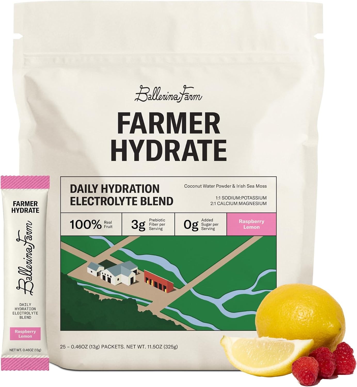 Ballerina Farm Farmer Hydrate Raspberry Lemonade Electrolyte Powder Packets | Travel Ready, Organic Coconut Water, Irish Sea Moss, French Sea Salt, 210mg Sodium, 25 Count