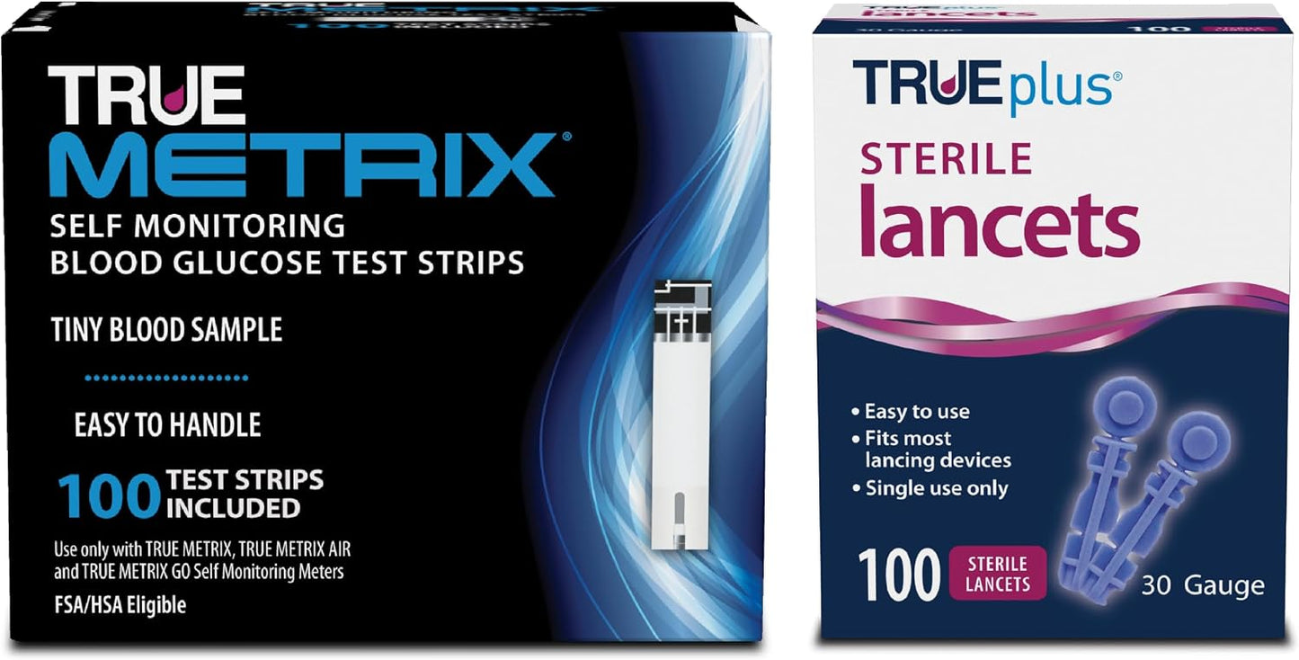 TRUE METRIX Glucose Test Strips 100 Count, TRUEplus 30G Lancets 100 Count | Blood Glucose Test Strips and Lancets, Compatible with TRUE METRIX Family of Self Monitoring Blood Glucose Meters