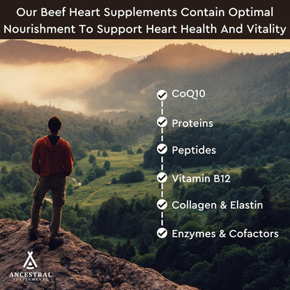Ancestral Supplements Grass Fed Beef Heart Supplement, CoQ10, 180 Ct | A whole food heart health supplement with CoQ10 supports mitochondrial function and cardiovascular energy.