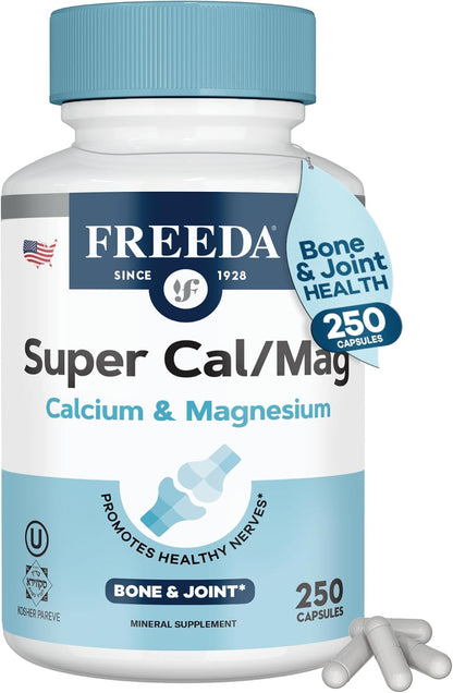 Freeda Calcium Magnesium 2:1 Supplement - 250 Capsules | Vegan Calcium & Magnesium Formula - Third-Party Tested - Support Bone Strength, Muscle Relaxation, and Healthy Nerve Function