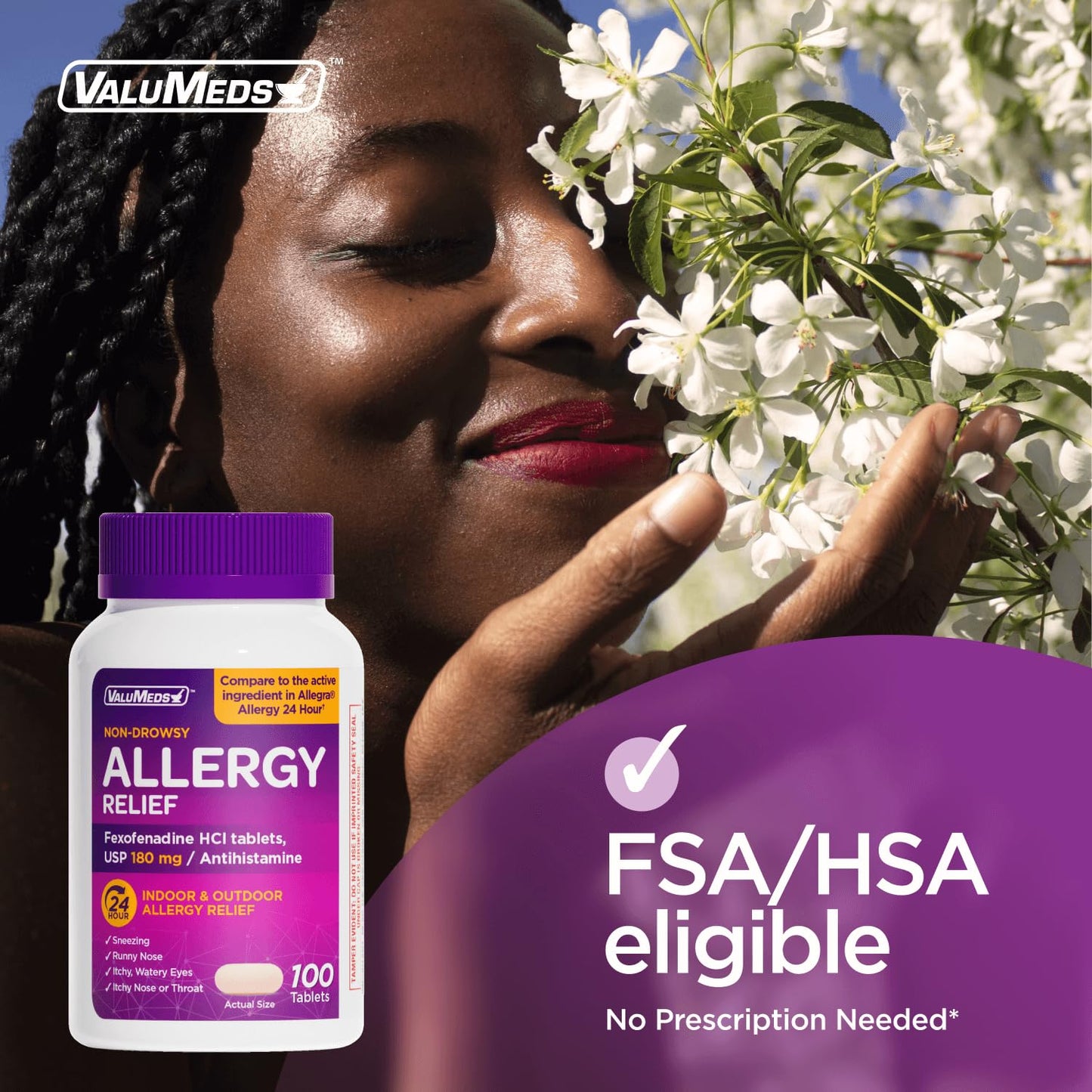 ValuMeds | Compare to Allegra | Fexofenadine HCl 180mg | 24-Hour Allergy Relief, Non-Drowsy Antihistamine Generic Medicine for Allergies, Hay Fever, Itchy Eyes | for Kids & Adults (100 Count) ValuMeds buy supplements Au