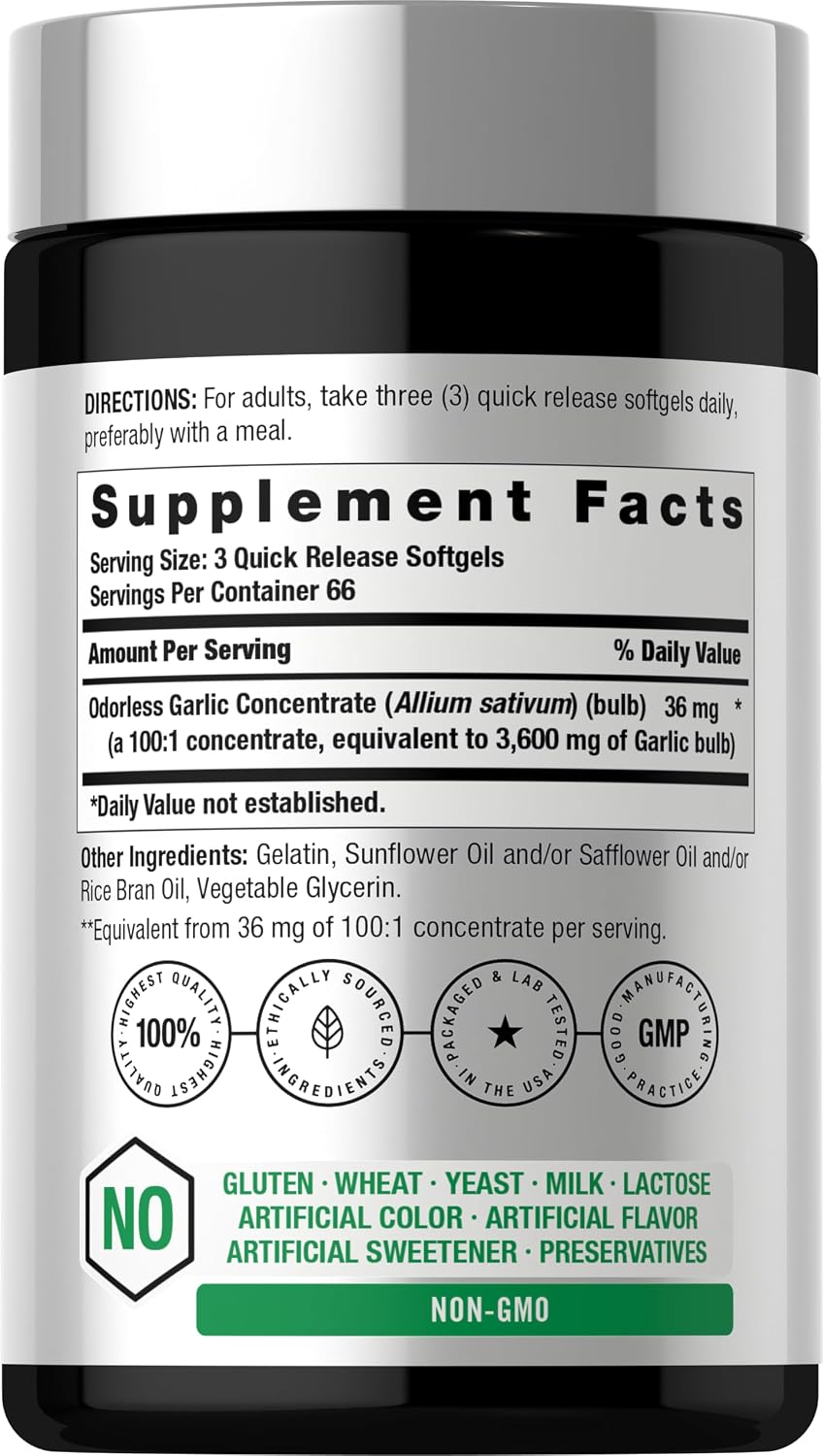 Horbäach Odorless Garlic Softgel Supplement | 200 Pills | Ultra Potent Concentrated Herbal Extract | Non-GMO & Gluten Free