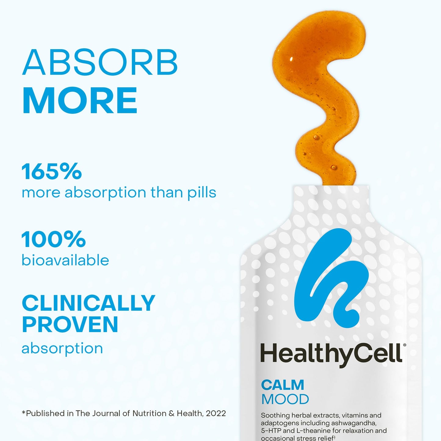 Healthycell Calm Mood Daily Liquid Supplement - Cortisol Manager & Mood Support Supplement for Stress with Ashwagandha, L-Theanine, Magnesium, 5-HTP, GABA & Saffron - 14 Gel Packs