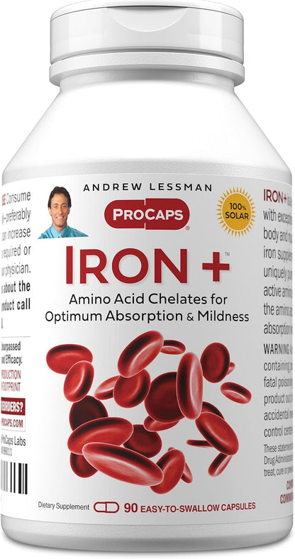 Andrew Lessman ProCaps Iron Plus 18mg Chelated Iron 90 Capsules | Gentle amino acid chelated iron with Vitamin C to support absorption. Non-acidic and easy on the stomach.