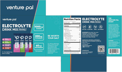 Venture Pal High Sodium Sugar-Free Electrolytes Powder Packets, 16 Sticks | Hydration Packets with Sodium, Potassium & Magnesium, Zero Calories, Keto, Vegan, and Paleo Friendly