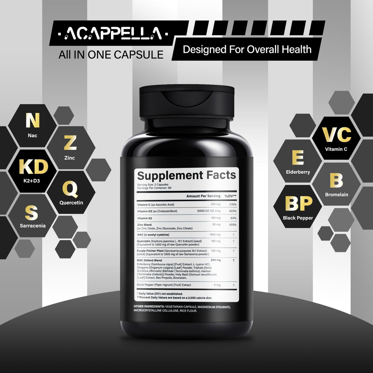 ACAPPELLA N-Acetyl Cysteine Vitamin D3 K2 Zinc Quercetin Sarracenia Purpurea NAC Supplement with Elderberry Holy Basil Bee Propolis Bromelain L-Lysin for Men & Women (1) ACAPPELLA buy supplements Au