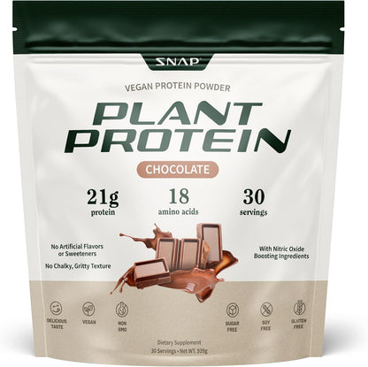 Snap Supplements Plant Based Vegan Protein Powder, Chocolate, 30 Servings | Nitric Oxide Boosting Protein Powder, BCAA Amino Acid for Muscle Growth, Performance & Recovery, 21g Protein per Serving