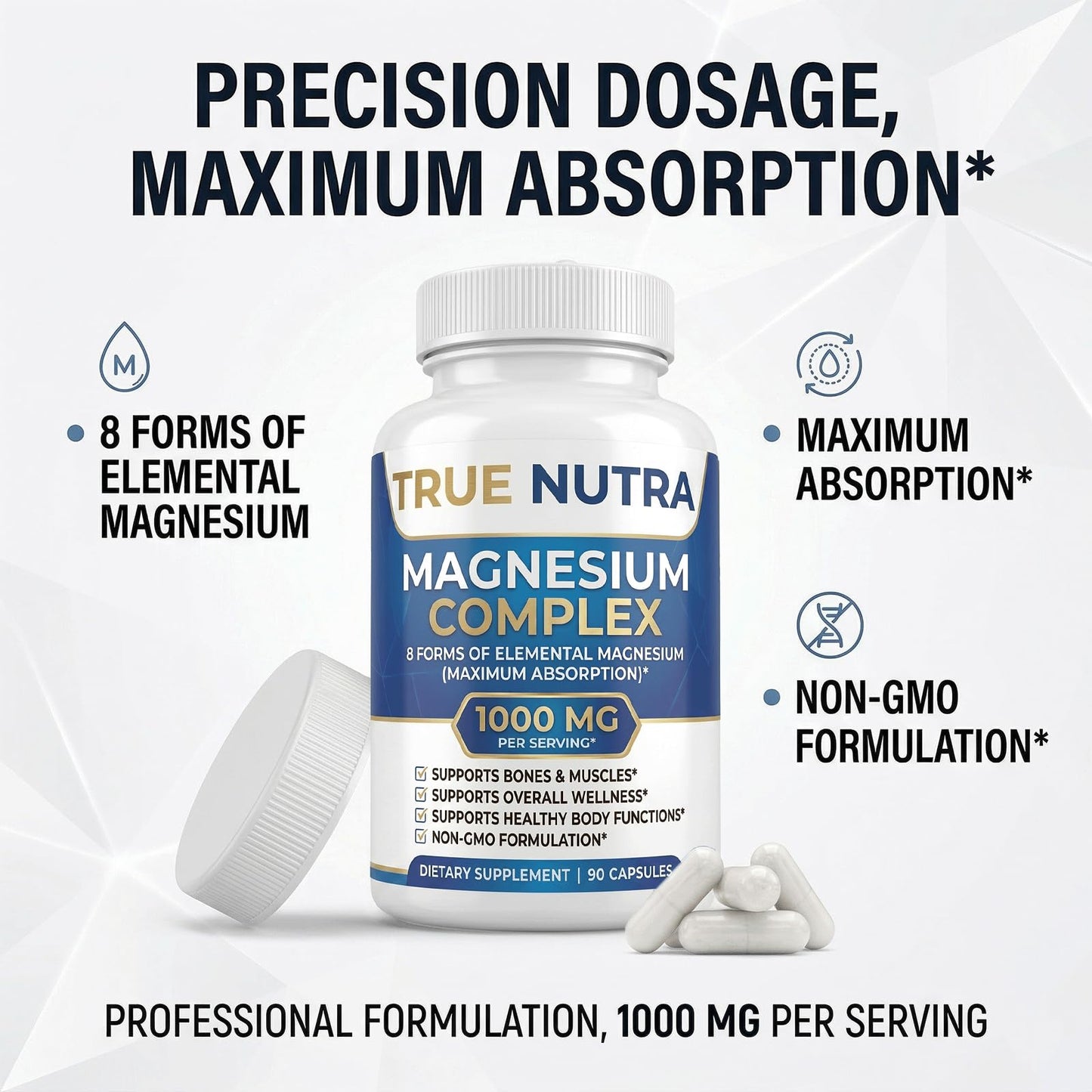 True nutra Magnesium Complex，Advanced 8-in-1 Magnesium Blend，Glycinate, Citrate, Malate, Taurate etc，High Formula，90 Capsules true nutra buy supplements Au