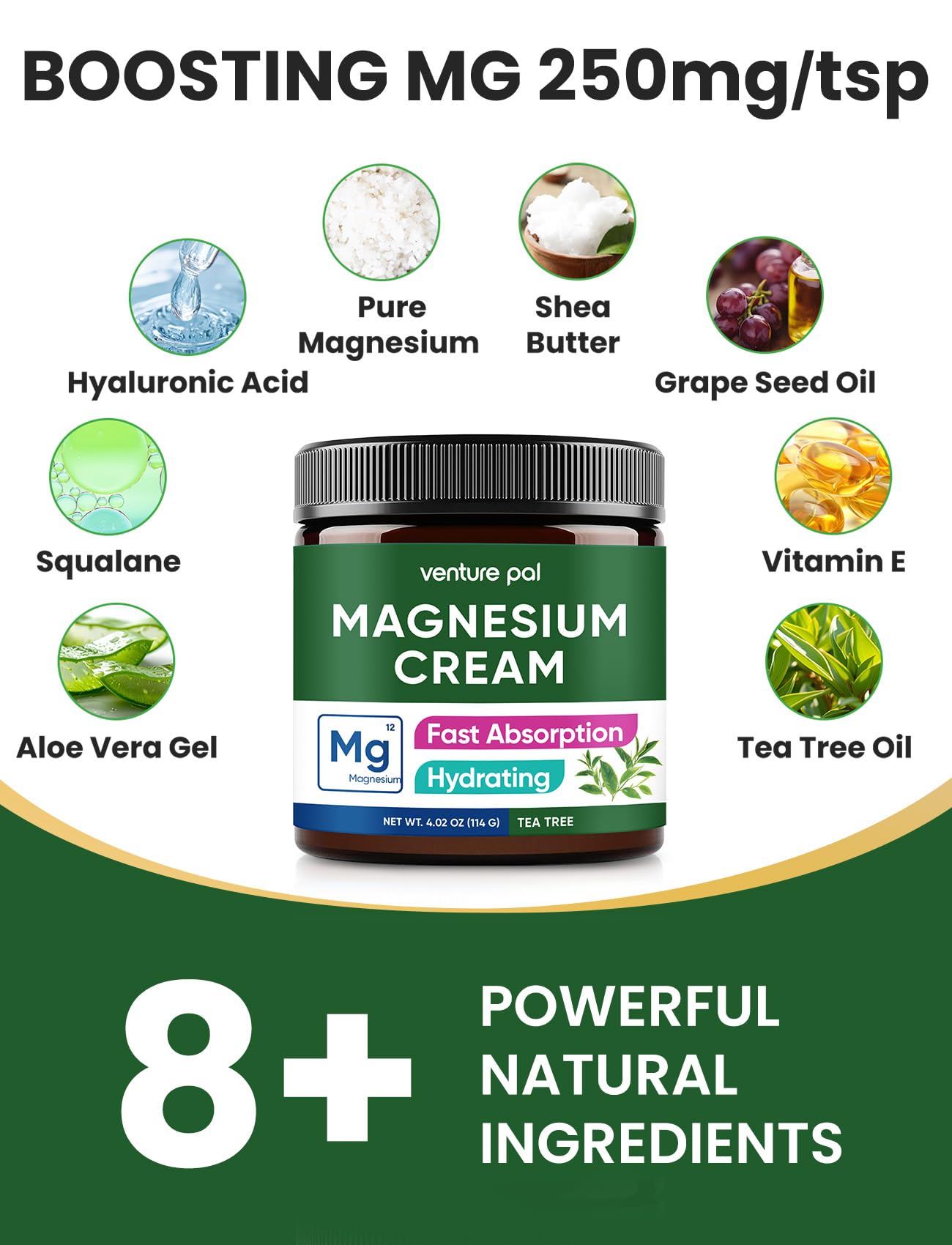 Venture Pal Topical Magnesium Cream, Highly Concentrated Magnesium Lotion | Fast-Absorbing Magnesium Moisturizing Cream with Coconut Oil, Shea Butter & Hyaluronic Acid; Suitable for Kids