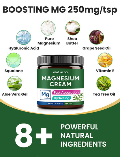 Venture Pal Topical Magnesium Cream, Highly Concentrated Magnesium Lotion | Fast-Absorbing Magnesium Moisturizing Cream with Coconut Oil, Shea Butter & Hyaluronic Acid; Suitable for Kids