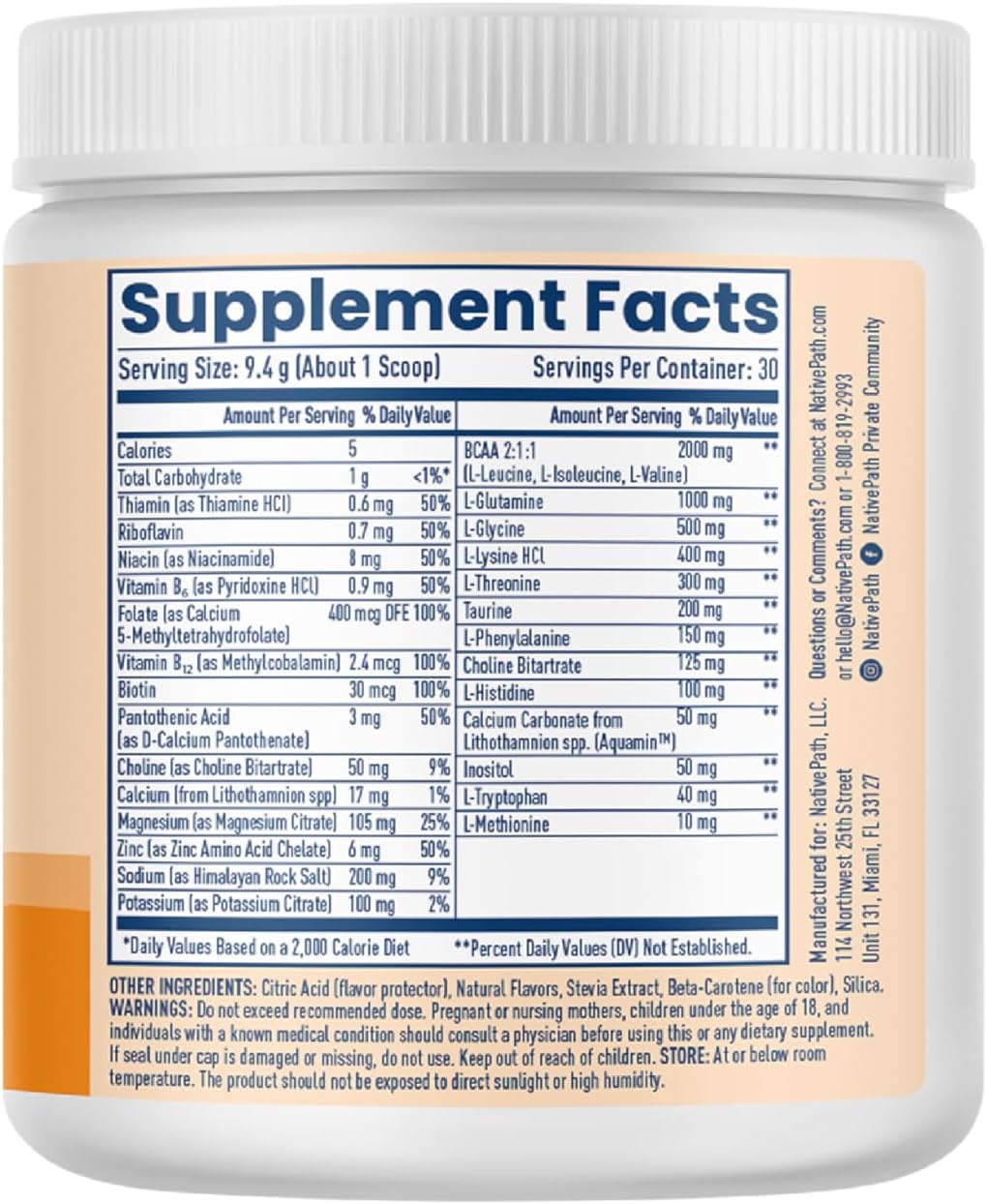 NativePath Hydrate Electrolyte Powder, Tangerine, 30 Servings | 14 Vitamins & Minerals, 9 Aminos & 2000mg BCAAs, Zero Sugar, Supports Hydration & Recovery, Stevia, Keto