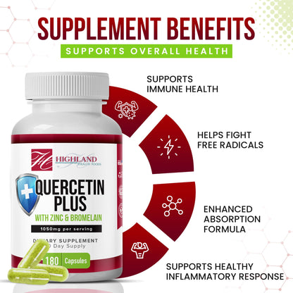 Highland Health Foods Quercetin Plus Bromelain and Zinc 180 Capsules - Immune Support Supplement for Adults, Teens, Seniors - Quercetin with Bromelain for Immune Support Highland Health FoodsBuy Supplements Australia