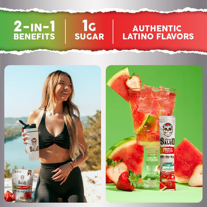 Salud 2-Pack |2-in-1 Energy + Focus (Peach Lemonade) & Energy + Focus (Strawberry Watermelon) – 15 Servings Each, Agua Fresca Drink Mix, Non-GMO, Gluten Free, Vegan, Low Calorie, 1g of Sugar