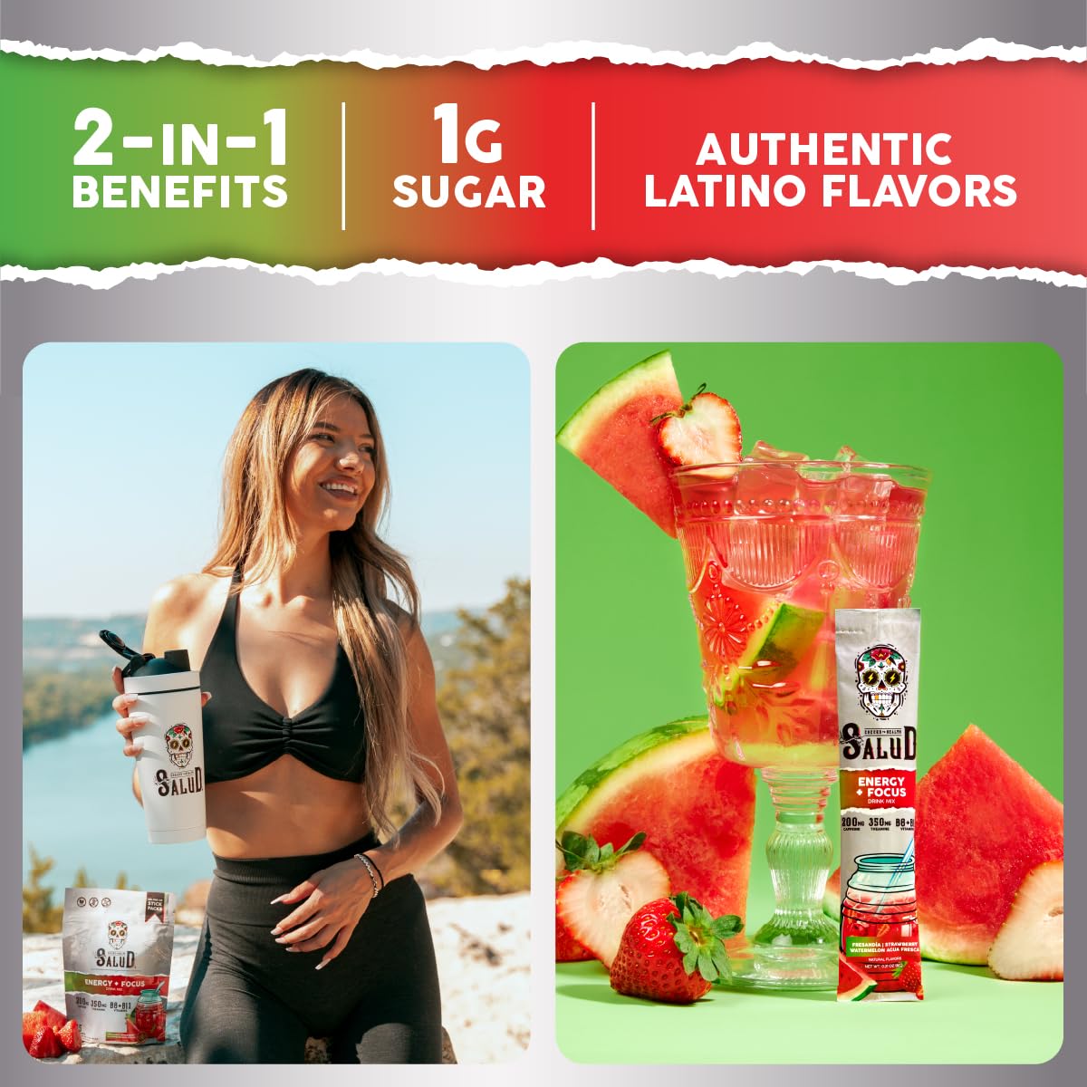 Salud 2-in-1 Energy + Focus Drink Mix, Hibiscus | Organic Caffeine, B6 + B12, Theanine, Clean Energy Packets, Agua Fresca Mix, Non-GMO, Gluten Free, 1g of Sugar (15 Servings)