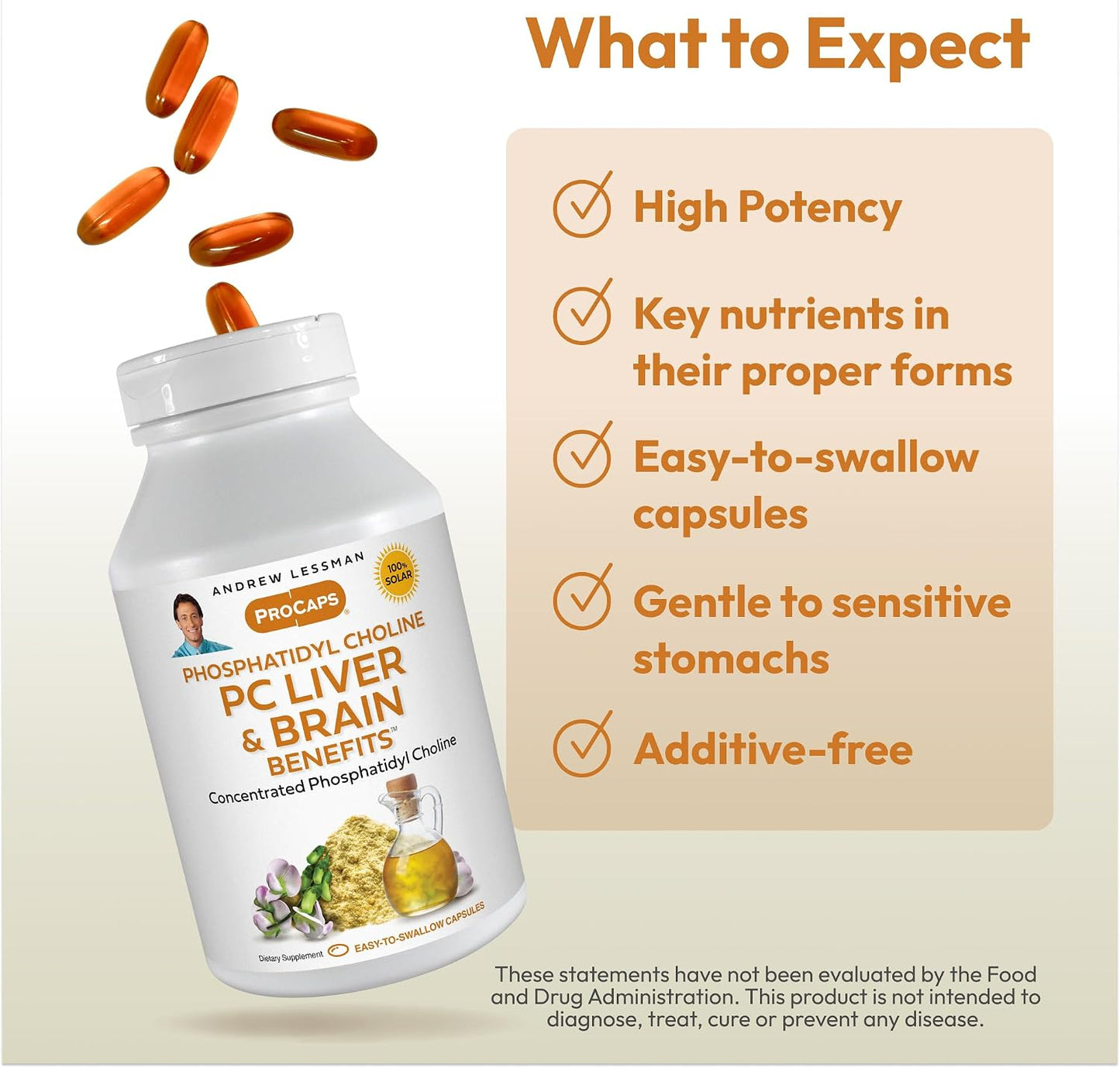 Andrew Lessman ProCaps PC Liver & Brain Benefits 360 Softgels | Phosphatidyl Choline with Ahiflower Oil supports acetylcholine production, memory, focus & healthy liver function.