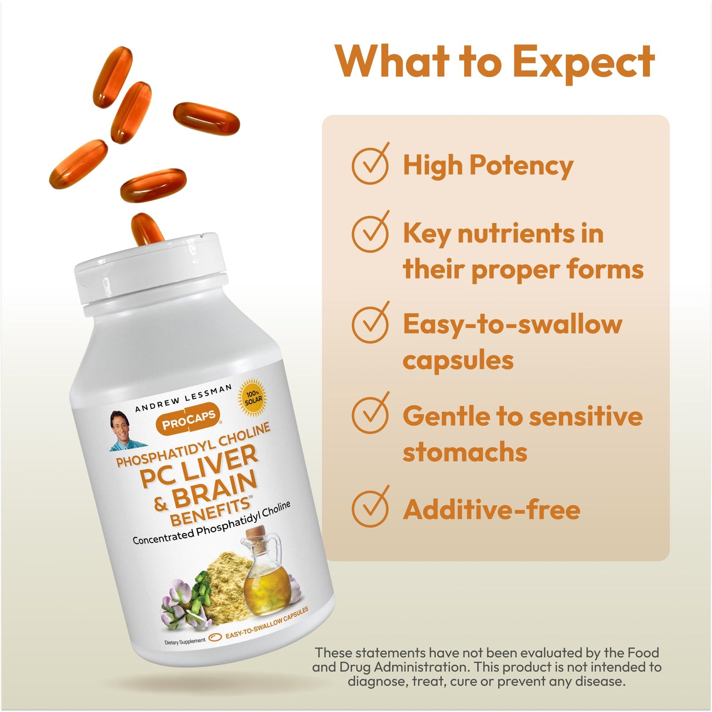 Andrew Lessman ProCaps PC Liver & Brain Benefits 360 Softgels | Phosphatidyl Choline with Ahiflower Oil supports acetylcholine production, memory, focus & healthy liver function.