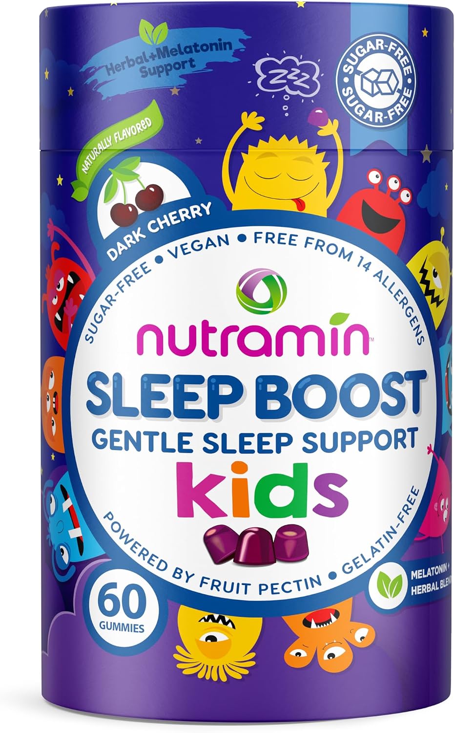 Nutracelle NUTRAMIN Kids Sleep Gummy - Sugar-Free & Vegan - 100% Natural Sleeping Aid with Melatonin Sleep Gummies for Kids - Hypoallergenic, Halal, Kosher, Non GMO, Dark Cherry - 60 Count