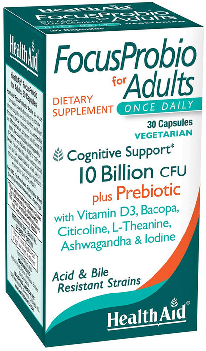 HealthAid FocusProbio for Adults dietary supplement box on a white background
