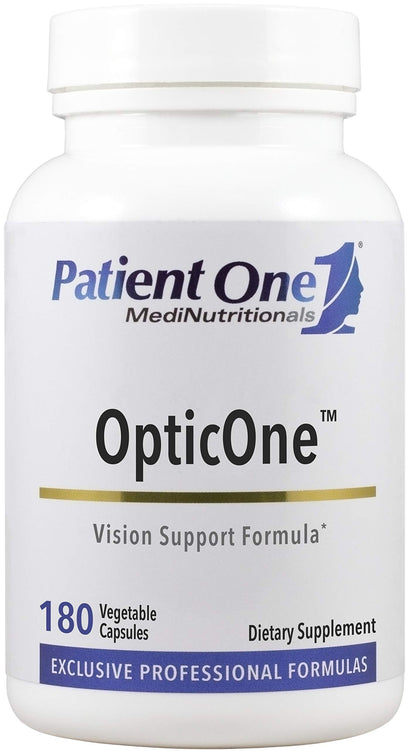 Supplement bottle labeled 'OpticOne' by Patient One MediNutritionals on a white background
