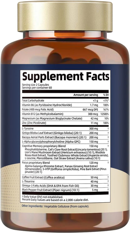 Totaria Brain Supplements for Memory and Focus, Brain Health with L-Tyrosine, Alpha GPC, Ginkgo Biloba, Bacopa Monnieri, Nootropic Cognitive Support - Non-GMO, Gluten Free (120 Counts)