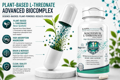 Kappa Nutrition, Magbrain® Plant‑Derived Magnesium L‑Threonate, 144 mg Elemental Magnesium, Brain & Nervous System Support, 60 Vegan Capsules, Once‑Daily Biocomplex.