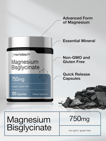 Horbäach Magnesium Bisglycinate | 120 Capsules | 750mg | Non-GMO and Gluten Free Supplement