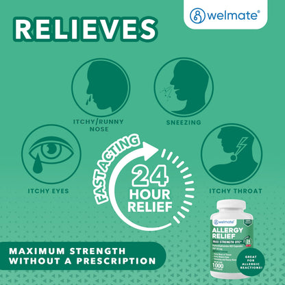 WELMATE Allergy Relief - Diphenhydramine 50 mg - 1000 Count Capsules - Antihistamine - Allergy & Cold Symptoms - Sneezing, Runny Nose, Itchy Eyes & Throat WELMATE buy supplements Au