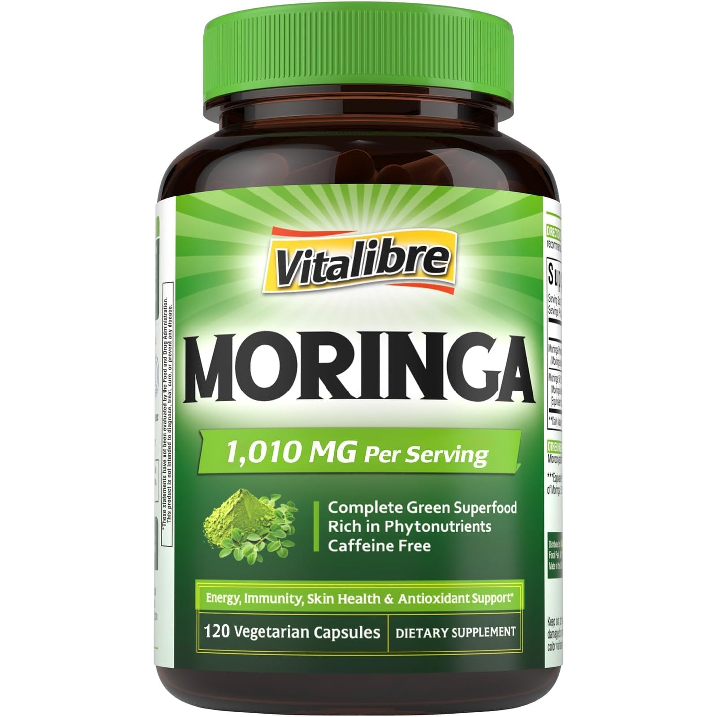 Moringa 1,010 mg, Maximum Potency, Complete Green Superfood, Rich in Antioxidants, No Gluten & Caffeine, Non-GMO, Energy, Immune, Gut & Skin Health, 90 Vegan Capsules