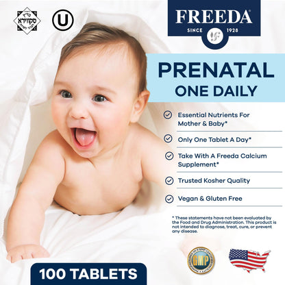 FREEDA Prenatal Vitamins for Pregnant Women – 100 Tablets | Supports Mother & Baby Nutrition – Includes Methylfolate, Calcium, & Essential Nutrients – Vegan, Kosher, Easy-to-Swallow