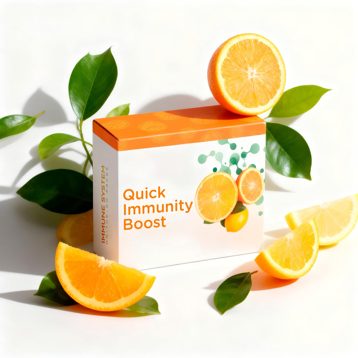 Box labeled 'Quick Immunity Boost' with oranges and leaves on a white background