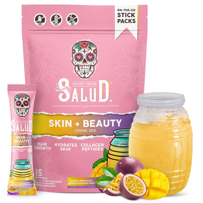 Salud 2-in-1 Skin + Beauty Drink Mix, Strawberry Kiwi | Collagen Peptides with Verisol, Hyaluronic Acid, Vitamin C, Biotin + Lustriva, Hydration Sticks, Gluten Free (15 Servings)