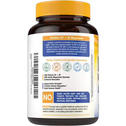 Vitalibre D3 K2 + Magnesium Supplement, 10000 IU Vitamin D3 & 200 mcg K2, with Magnesium Glycinate, Bone, Teeth, Immune & Energy Support, High Absorption, Non-GMO, Easy to Swallow, 60 Capsules