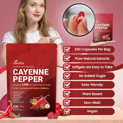 VivoNu Cayenne Pepper Softgels Supplement, Supports Leg Vein, Heart and Blood Vessel Health, with Vitamin E D3+K2 and Extracts of Grape Seed, Hawthorn
