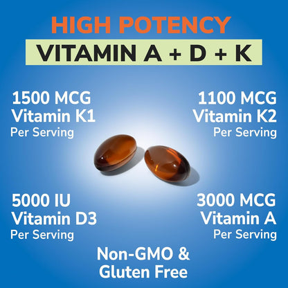 Vitalibre Vitamin K Complex 2600 mcg with Vitamin A & D3 5000 IU | Bioavailable K2 D3 Vitamin Supplement, Full Spectrum, for Bone Strength and Heart Health, 90 Softgels