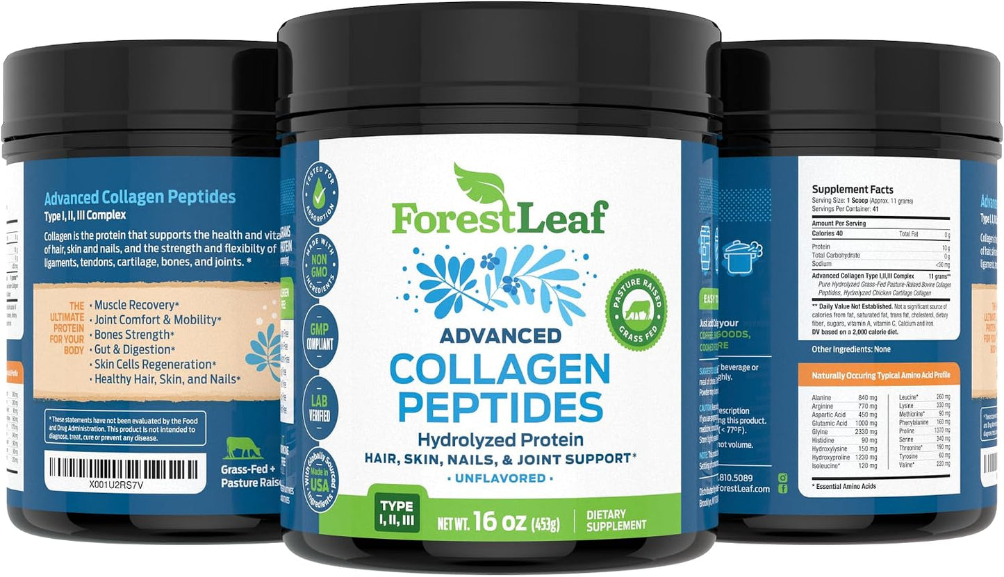 ForestLeaf Collagen Peptides Powder Unflavored - Hydrolyzed Grass Fed Keto Collagen Protein Powder Type 1, 2 & 3 - Vital Hair, Skin, Nails, Joints, Recovery, 11g Per Serving