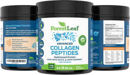 ForestLeaf Collagen Peptides Powder Unflavored - Hydrolyzed Grass Fed Keto Collagen Protein Powder Type 1, 2 & 3 - Vital Hair, Skin, Nails, Joints, Recovery, 11g Per Serving