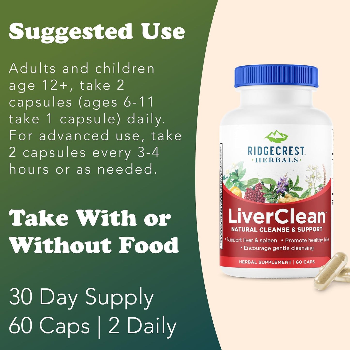 RidgeCrest Herbals LiverClean Herbal Liver Support Formula 60 Ct | 30 Servings, Blessed Thistle, Dandelion Root, Supports Healthy Bile Production, Natural Herbal Blend, Vegan Capsules