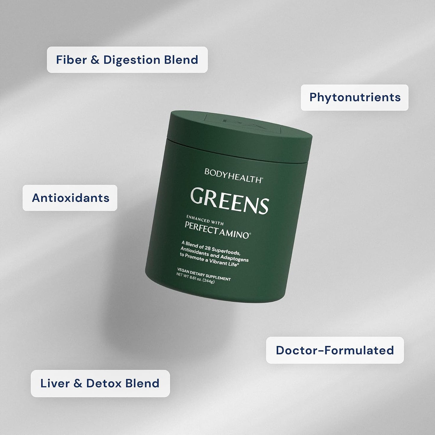 BodyHealth Greens Enhanced with PerfectAmino - Daily Superfood Green Apple Smoothie Powder with Vegetables, Fruit, Antioxidants, Prebiotics, Probiotics, Fiber, and Protein - 40 Servings