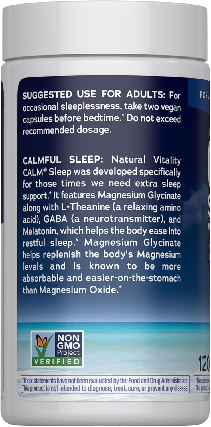 Natural Vitality Calm Sleep Capsules | Magnesium with Melatonin, L-Theanine & Gaba Supplement | For a Good Night's Sleep | Non-GMO, Gluten Free & Vegan | 120 Count