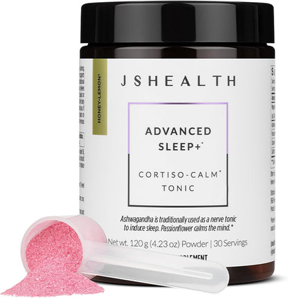 JSHealth Advanced Sleep Plus Powder - Sleep Aid with Precision-Dosed Passionflower, Ashwagandha & Magnesium Glycinate Dihydrate - Sleep Supplement for Adults - Delicious Honey-Lemon Flavor, 30 Serv