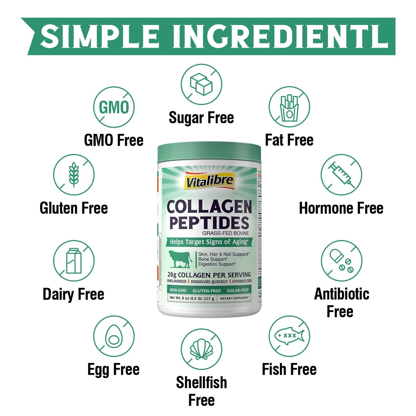 Vitalibre Bovine Collagen Peptides Powder for Women and Men, Grass-Fed Hydrolyzed Collagen Protein Type I & III, Skin, Hair, Nails, Bones, Digestion, Unflavored, Non-GMO, Keto & GF, 22 Servings, 16oz