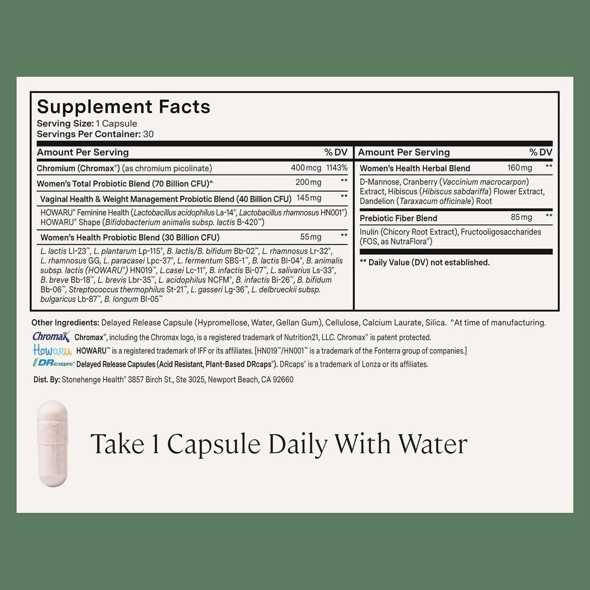 Stonehenge Health Biotics for Women Probiotic 70 Billion CFU, 24 Strains + Prebiotic Fiber, Weight Management, Focus & Mood, Digestive, Vaginal & Immune Support, Non-GMO, 30 Delayed-Release Veg Caps